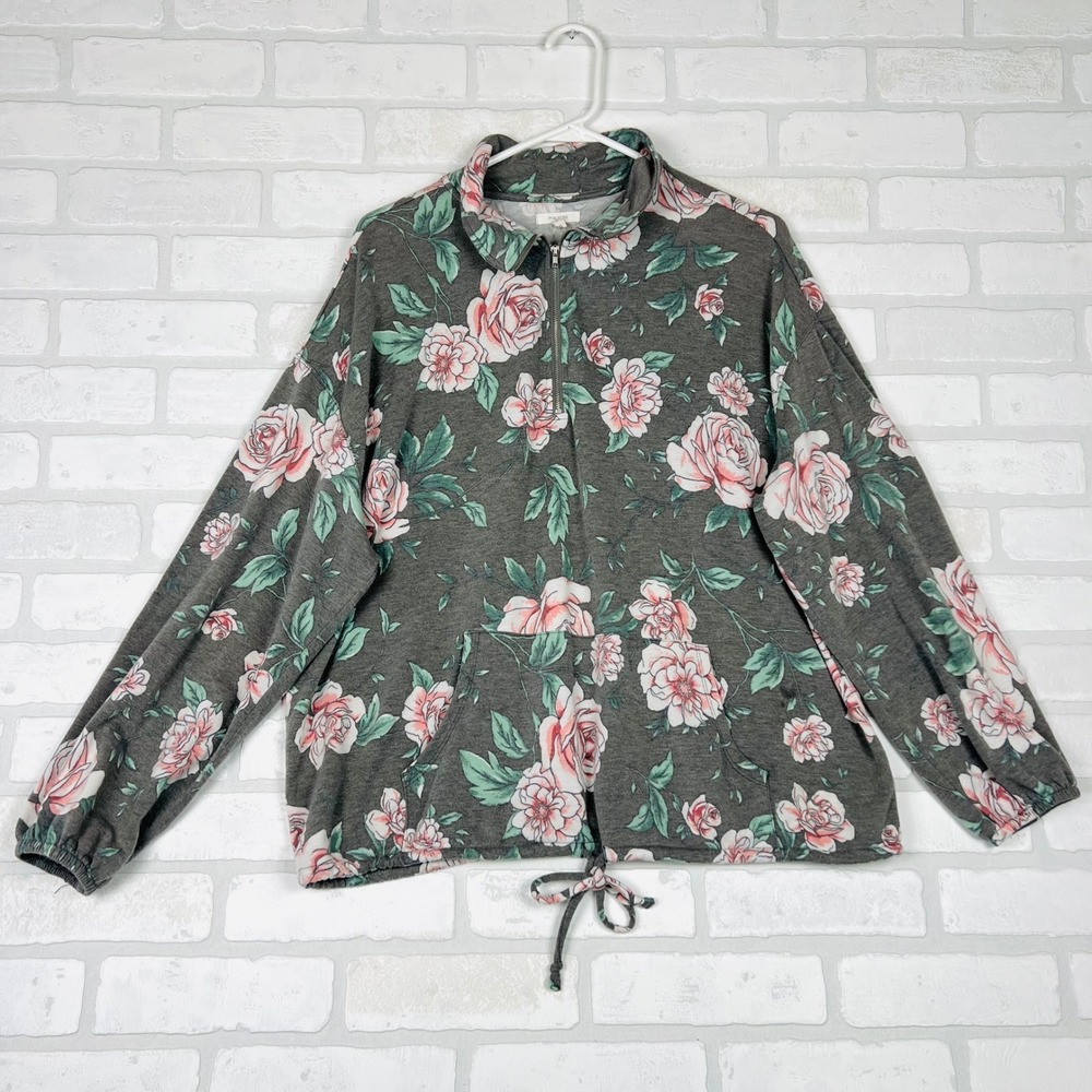 Maurices Floral Quarter Zip Pullover Gray Pink Rose Sweatshirt Plus 0